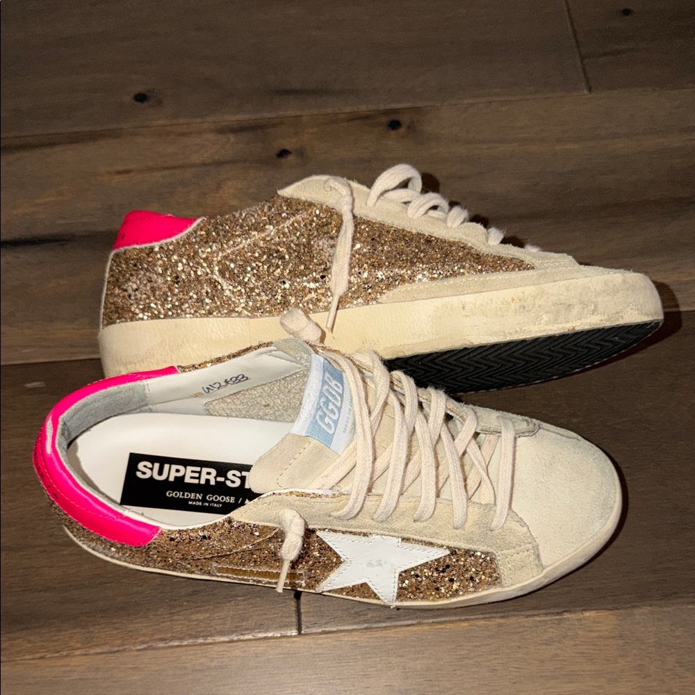 Golden Goose Gold Glitter Super Star Sneakers with Neon Pink - Picture 4 of 11